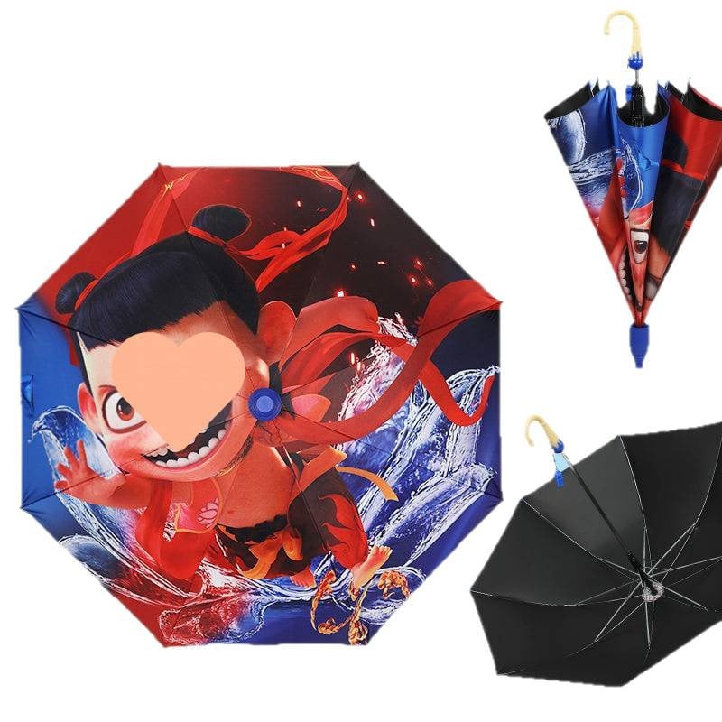 Ομπρέλα Nezha για παιδιά με καρτούν — βινύλιο κάλυμμα, 8 ακτίνες, λαβή αλουμινίου, χειροκίνητο άνοιγμα, ημι-αυτόματο κλείσιμο