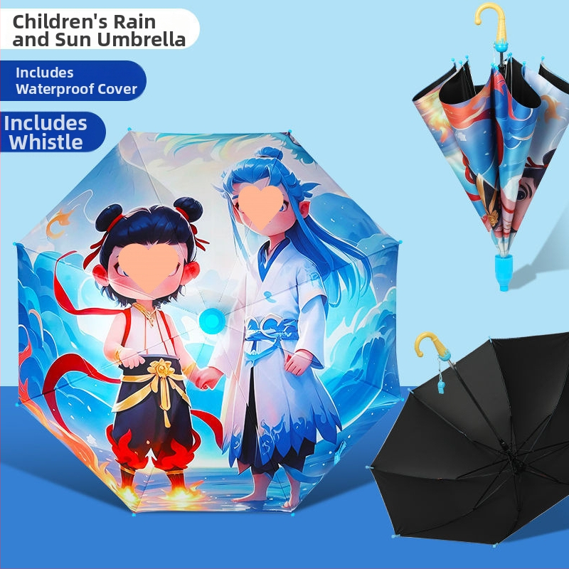 Ομπρέλα Nezha για παιδιά με καρτούν — βινύλιο κάλυμμα, 8 ακτίνες, λαβή αλουμινίου, χειροκίνητο άνοιγμα, ημι-αυτόματο κλείσιμο