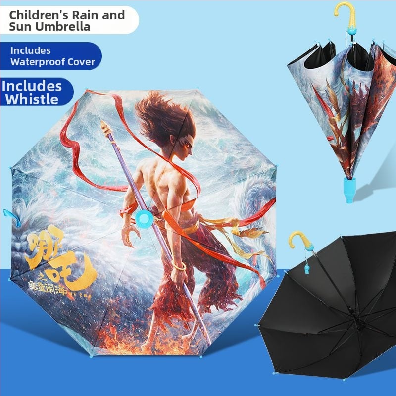 Ομπρέλα Nezha για παιδιά με καρτούν — βινύλιο κάλυμμα, 8 ακτίνες, λαβή αλουμινίου, χειροκίνητο άνοιγμα, ημι-αυτόματο κλείσιμο