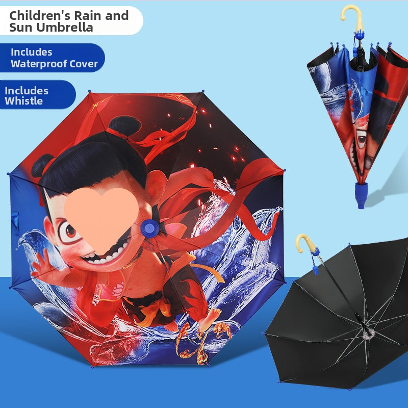 Ομπρέλα Nezha για παιδιά με καρτούν — βινύλιο κάλυμμα, 8 ακτίνες, λαβή αλουμινίου, χειροκίνητο άνοιγμα, ημι-αυτόματο κλείσιμο