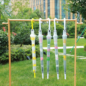 Ombrelă transparentă cu imprimeu animat cartoon, mâner lung, acoperire PVC, ramă din fier cu 8 brațe, ax din aliaj, deschidere semi-automată