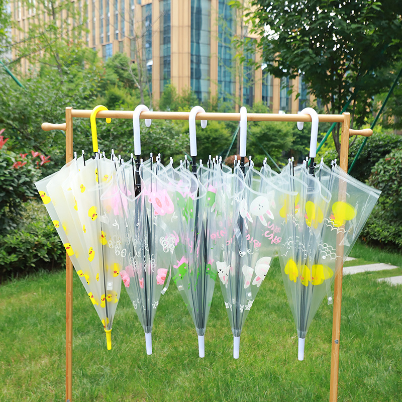 Ombrelă transparentă cu imprimeu animat cartoon, mâner lung, acoperire PVC, ramă din fier cu 8 brațe, ax din aliaj, deschidere semi-automată