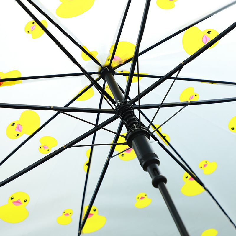 Ombrelă transparentă cu imprimeu animat cartoon, mâner lung, acoperire PVC, ramă din fier cu 8 brațe, ax din aliaj, deschidere semi-automată
