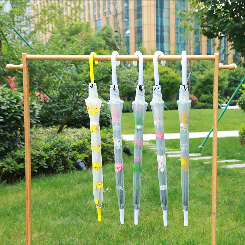 Ombrelă transparentă cu imprimeu animat cartoon, mâner lung, acoperire PVC, ramă din fier cu 8 brațe, ax din aliaj, deschidere semi-automată