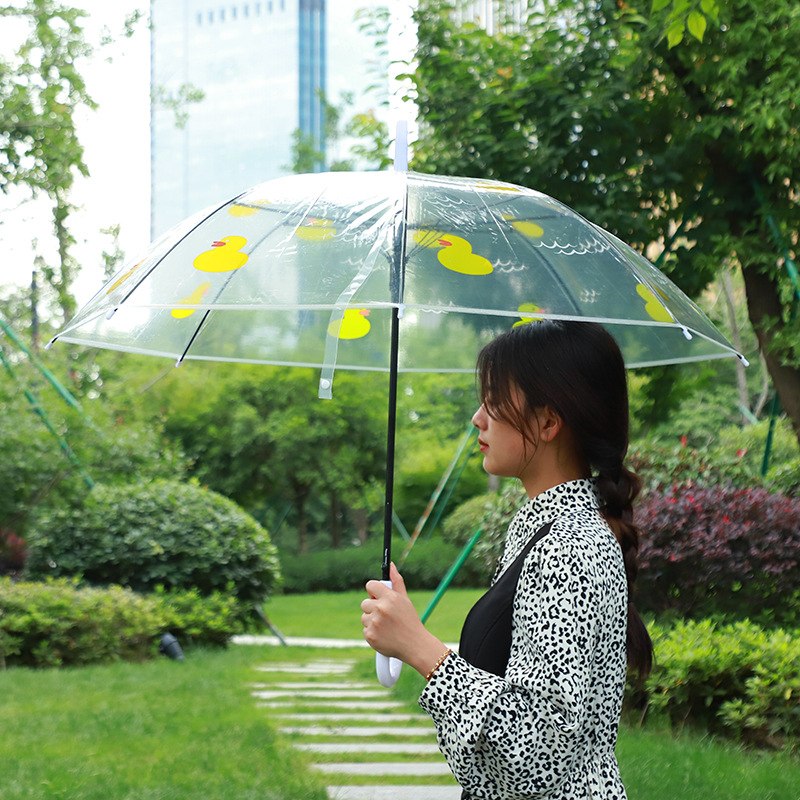 Ombrelă transparentă cu imprimeu animat cartoon, mâner lung, acoperire PVC, ramă din fier cu 8 brațe, ax din aliaj, deschidere semi-automată