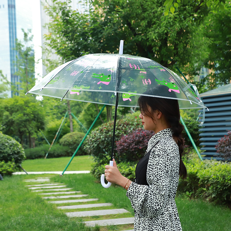 Ombrelă transparentă cu imprimeu animat cartoon, mâner lung, acoperire PVC, ramă din fier cu 8 brațe, ax din aliaj, deschidere semi-automată