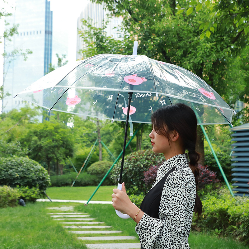 Ombrelă transparentă cu imprimeu animat cartoon, mâner lung, acoperire PVC, ramă din fier cu 8 brațe, ax din aliaj, deschidere semi-automată