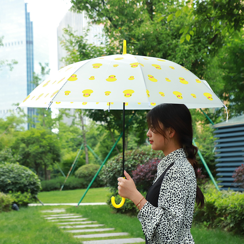 Ombrelă transparentă cu imprimeu animat cartoon, mâner lung, acoperire PVC, ramă din fier cu 8 brațe, ax din aliaj, deschidere semi-automată