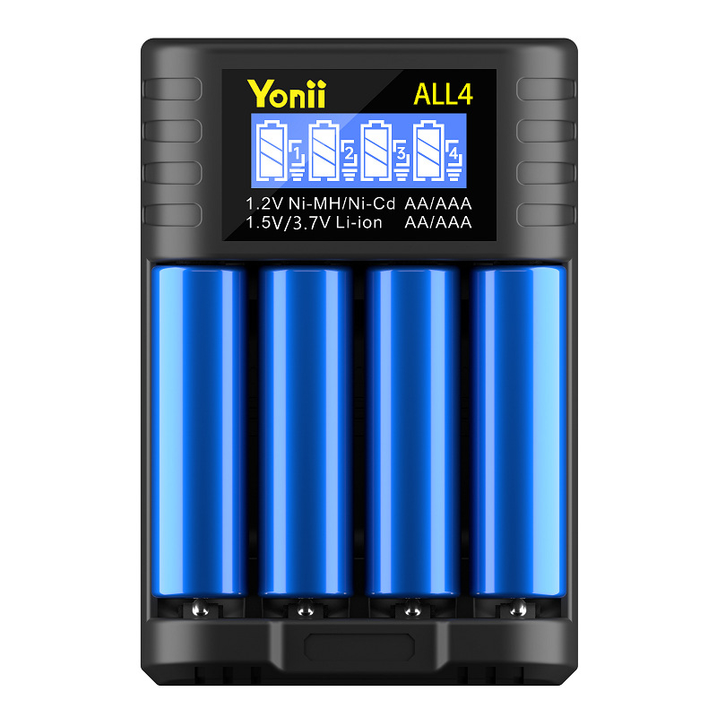 Punjač baterija – 4-pretinjski neovisni način punjenja, USB Type-C sučelje, ulaz 5V2A, izlaz 1.2V Ni-MH / 1.5V Li-ion, marka YONII, serija ALL4