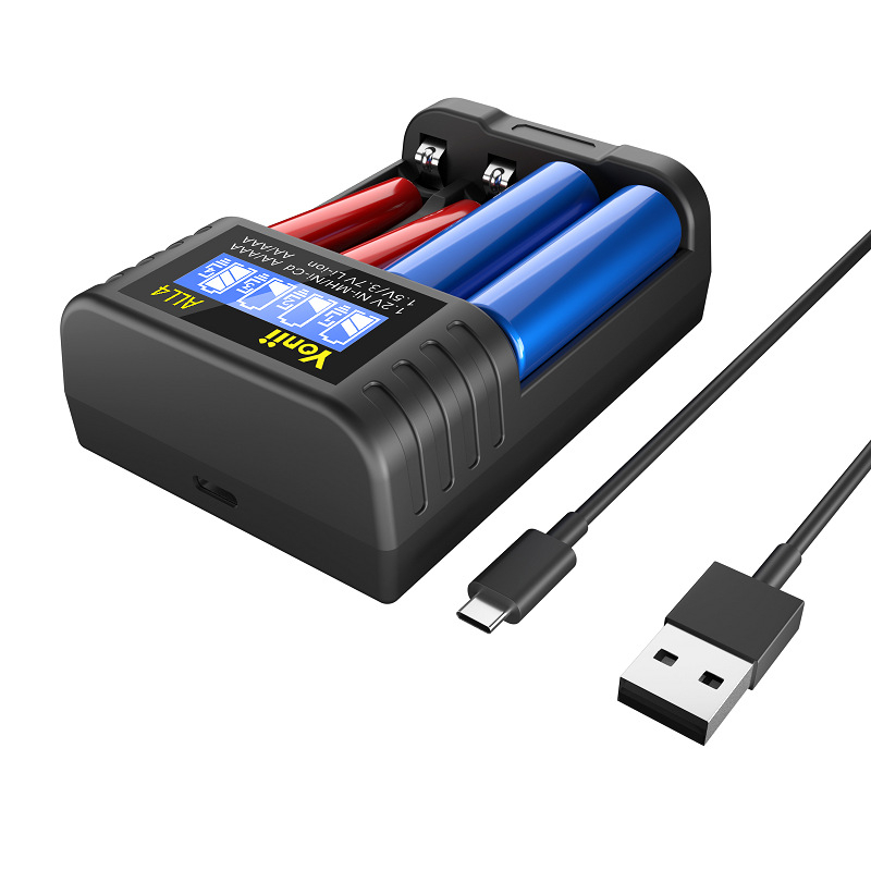 Punjač baterija – 4-pretinjski neovisni način punjenja, USB Type-C sučelje, ulaz 5V2A, izlaz 1.2V Ni-MH / 1.5V Li-ion, marka YONII, serija ALL4