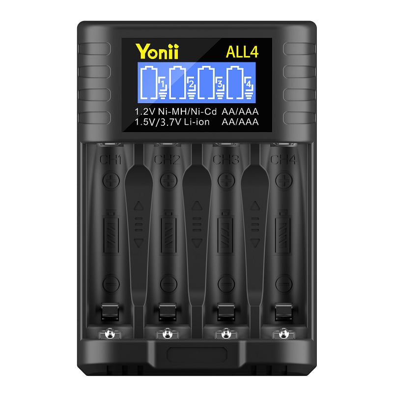 Punjač baterija – 4-pretinjski neovisni način punjenja, USB Type-C sučelje, ulaz 5V2A, izlaz 1.2V Ni-MH / 1.5V Li-ion, marka YONII, serija ALL4