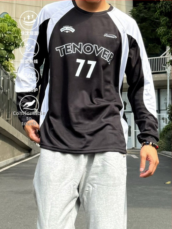 Tricou sport cu mânecă lungă, croială lejeră, poliester, imprimeu geometric, pentru sport în sezonul iarnă-primăvară-toamnă