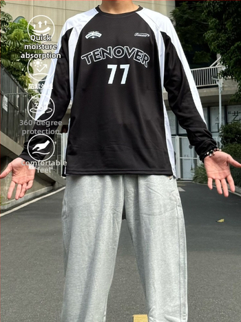 Tricou sport cu mânecă lungă, croială lejeră, poliester, imprimeu geometric, pentru sport în sezonul iarnă-primăvară-toamnă