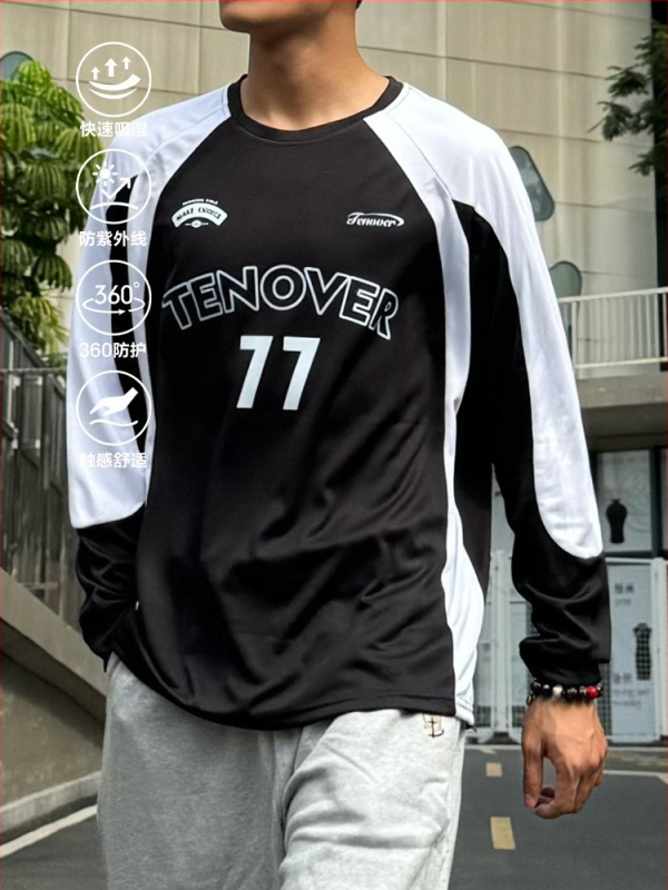 Tricou sport cu mânecă lungă, croială lejeră, poliester, imprimeu geometric, pentru sport în sezonul iarnă-primăvară-toamnă