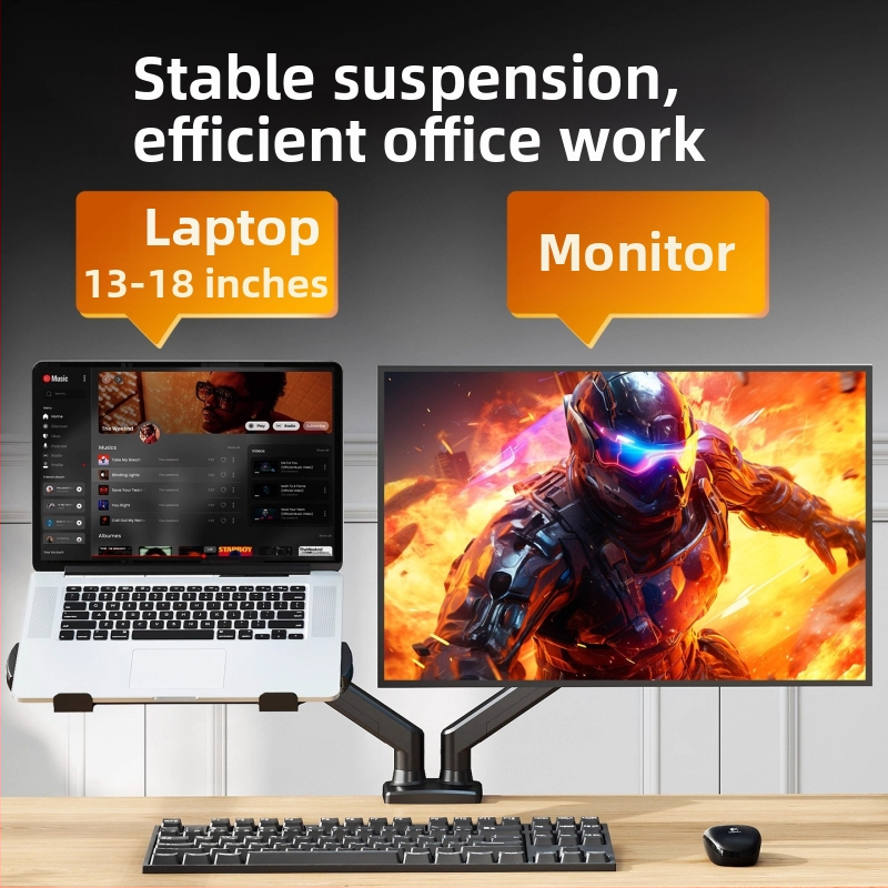 Stojan pre notebook a monitor s dvojitým displejom a visiacou miskou — dvojitá výšková základňa, studenovo valcovaná oceľ, model Tp0071