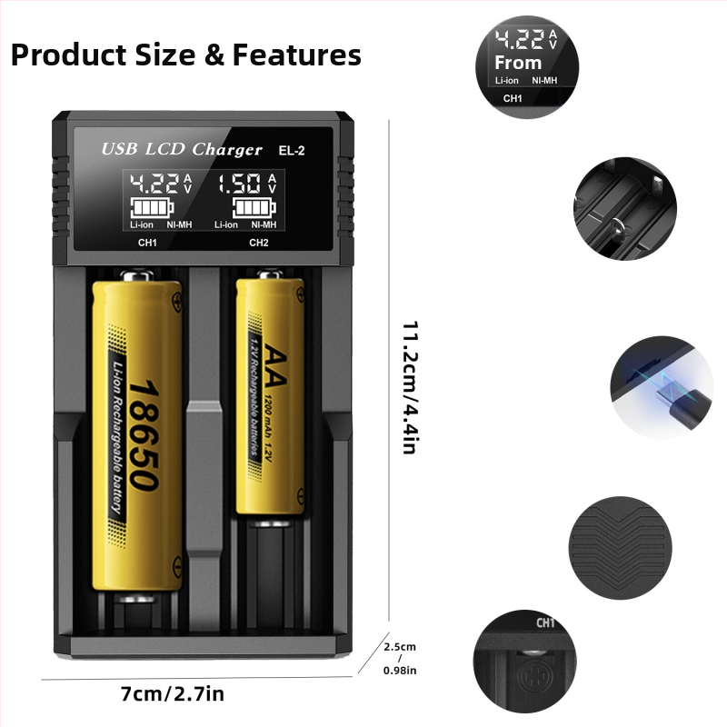 Încărcător LCD pentru baterii Li-ion 18650/21700/26650 și NiMH AA/AAA cu afișaj LCD – intrare DC5V, ieșire DC4.2V 2A, recunoaștere automată a tipului de baterie și afișare tensiune/curent, CE/EMC/FCC certificate, seria EL