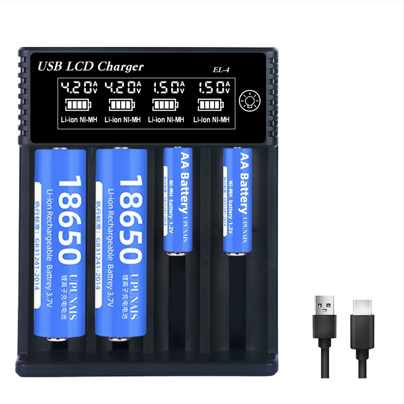Încărcător LCD pentru baterii Li-ion 18650/21700/26650 și NiMH AA/AAA cu afișaj LCD – intrare DC5V, ieșire DC4.2V 2A, recunoaștere automată a tipului de baterie și afișare tensiune/curent, CE/EMC/FCC certificate, seria EL