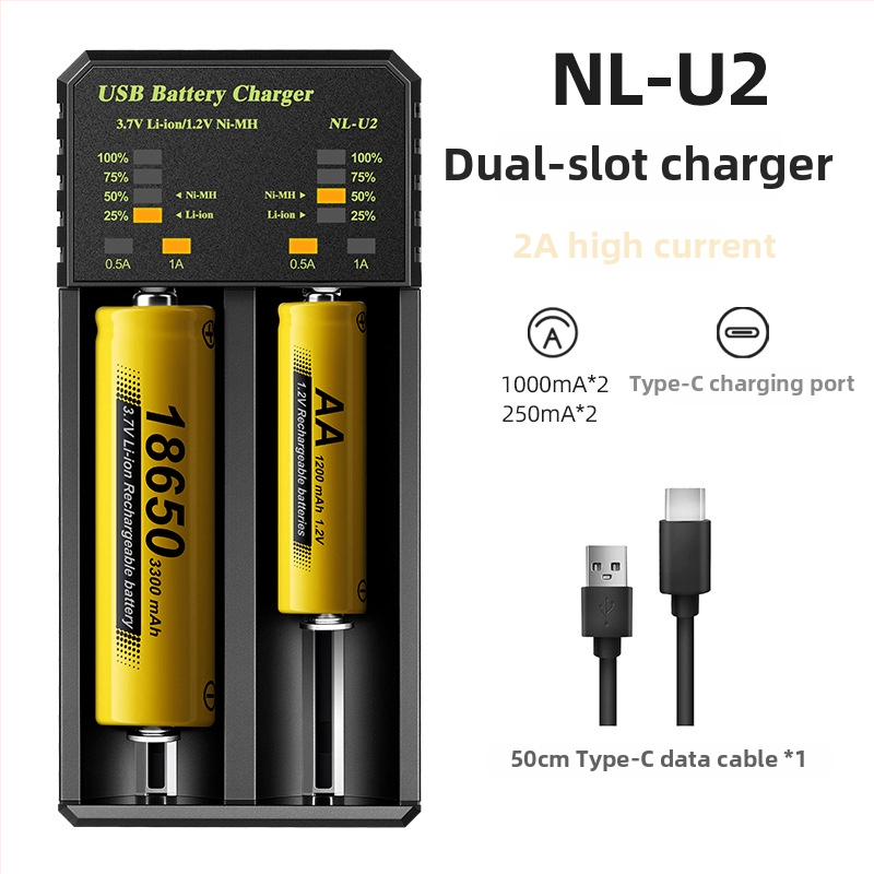 Încărcător LCD pentru baterii Li-ion 18650/21700/26650 și NiMH AA/AAA cu afișaj LCD – intrare DC5V, ieșire DC4.2V 2A, recunoaștere automată a tipului de baterie și afișare tensiune/curent, CE/EMC/FCC certificate, seria EL