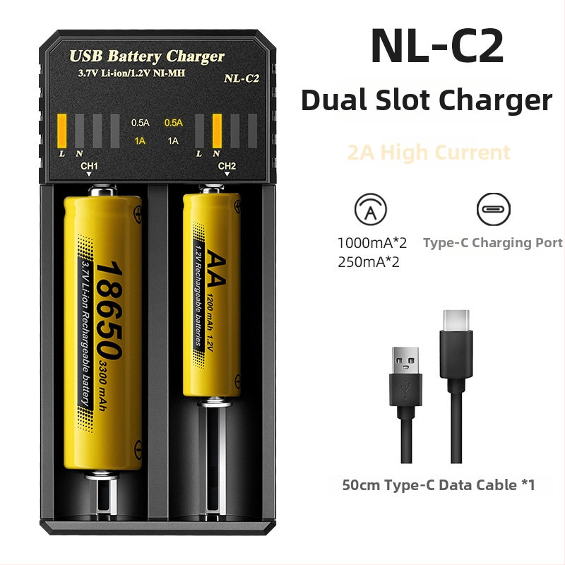 Încărcător LCD pentru baterii Li-ion 18650/21700/26650 și NiMH AA/AAA cu afișaj LCD – intrare DC5V, ieșire DC4.2V 2A, recunoaștere automată a tipului de baterie și afișare tensiune/curent, CE/EMC/FCC certificate, seria EL