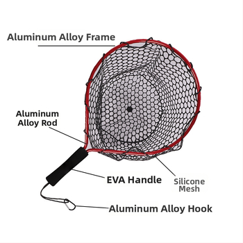 Prenosná silikónová sieťka na ryby s krátkou rúčkou pre prútenie v potoku; mini ručná sieť s rámom z hliníkovej zliatiny; priemer otvoru siete 55 mm; hrubé oči; nie je zložiteľná.