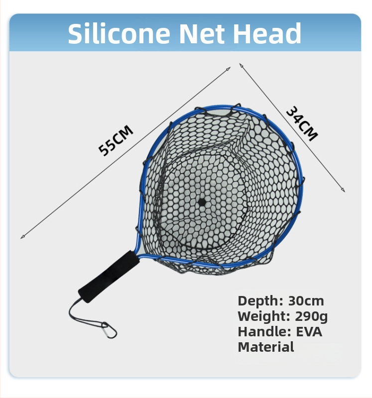Prenosná silikónová sieťka na ryby s krátkou rúčkou pre prútenie v potoku; mini ručná sieť s rámom z hliníkovej zliatiny; priemer otvoru siete 55 mm; hrubé oči; nie je zložiteľná.