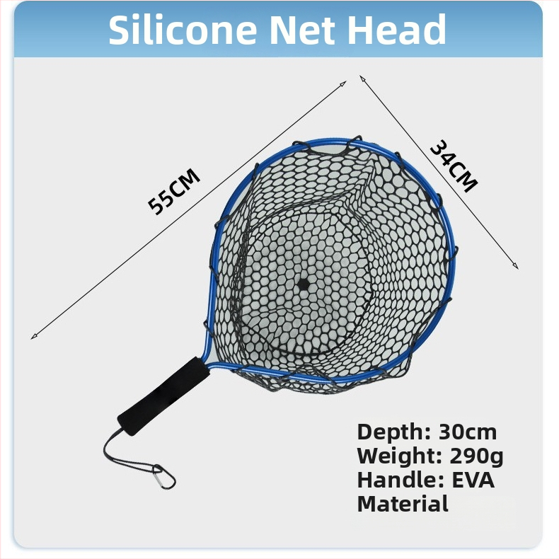 Prenosná silikónová sieťka na ryby s krátkou rúčkou pre prútenie v potoku; mini ručná sieť s rámom z hliníkovej zliatiny; priemer otvoru siete 55 mm; hrubé oči; nie je zložiteľná.