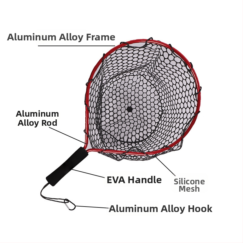 Prenosná silikónová sieťka na ryby s krátkou rúčkou pre prútenie v potoku; mini ručná sieť s rámom z hliníkovej zliatiny; priemer otvoru siete 55 mm; hrubé oči; nie je zložiteľná.
