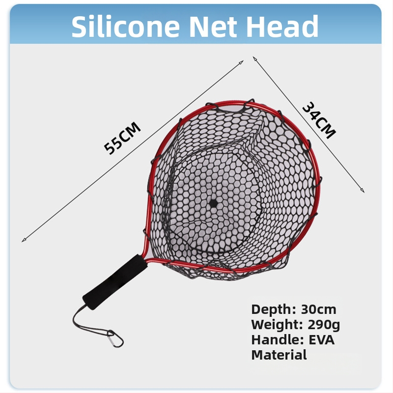 Prenosná silikónová sieťka na ryby s krátkou rúčkou pre prútenie v potoku; mini ručná sieť s rámom z hliníkovej zliatiny; priemer otvoru siete 55 mm; hrubé oči; nie je zložiteľná.