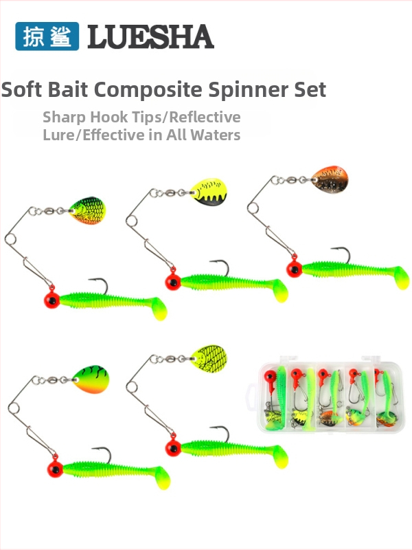 Set de năluci moi — cinci bucăți, sclipiri rotative, cârlig cu cap plombat și coadă în stil T, construcție metalică