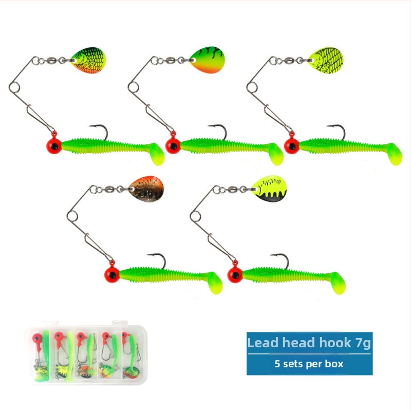 Set de năluci moi — cinci bucăți, sclipiri rotative, cârlig cu cap plombat și coadă în stil T, construcție metalică