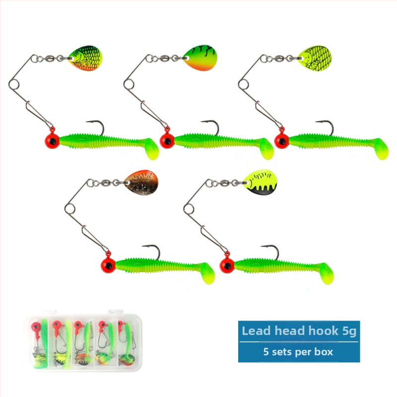 Set de năluci moi — cinci bucăți, sclipiri rotative, cârlig cu cap plombat și coadă în stil T, construcție metalică