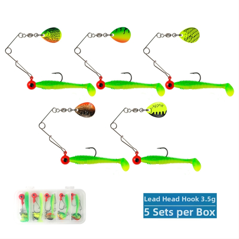 Set de năluci moi — cinci bucăți, sclipiri rotative, cârlig cu cap plombat și coadă în stil T, construcție metalică