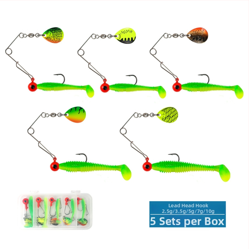 Set de năluci moi — cinci bucăți, sclipiri rotative, cârlig cu cap plombat și coadă în stil T, construcție metalică