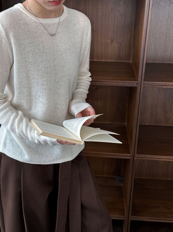 Ženski vuneni pleteni džemper - korejski stil, uski kroj, dugi rukav, okrugli ovratnik, uobičajena duljina