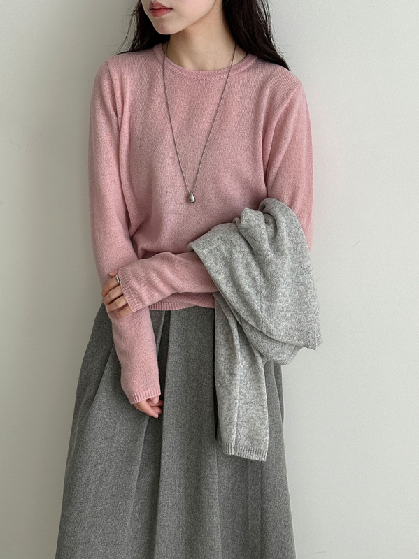 Ženski vuneni pleteni džemper - korejski stil, uski kroj, dugi rukav, okrugli ovratnik, uobičajena duljina