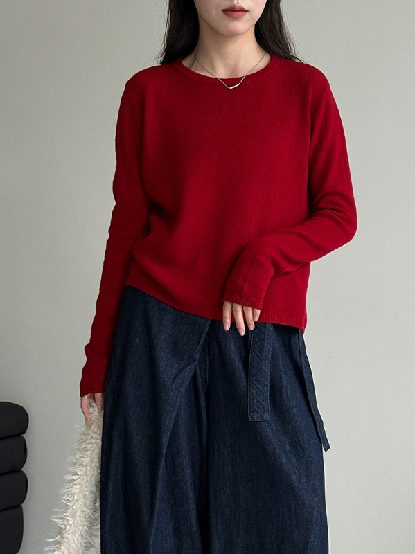 Ženski vuneni pleteni džemper - korejski stil, uski kroj, dugi rukav, okrugli ovratnik, uobičajena duljina