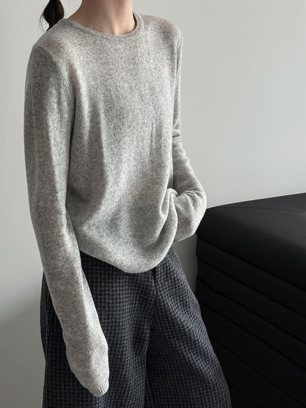 Ženski vuneni pleteni džemper - korejski stil, uski kroj, dugi rukav, okrugli ovratnik, uobičajena duljina