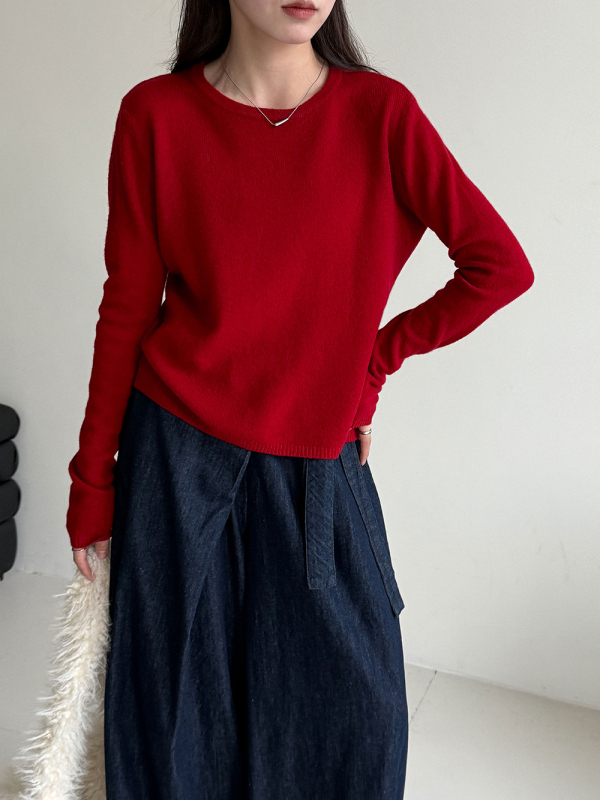 Ženski vuneni pleteni džemper - korejski stil, uski kroj, dugi rukav, okrugli ovratnik, uobičajena duljina