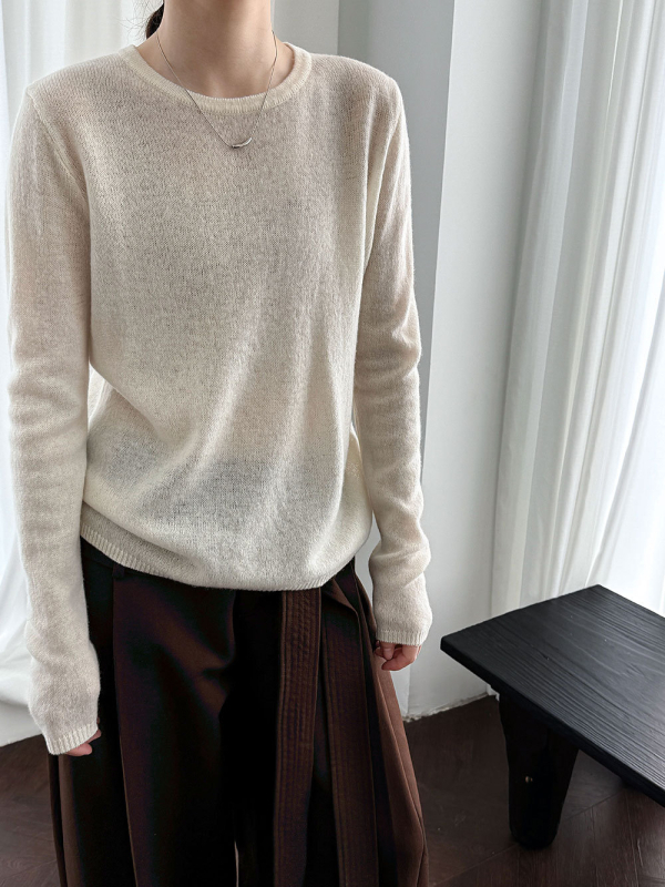 Ženski vuneni pleteni džemper - korejski stil, uski kroj, dugi rukav, okrugli ovratnik, uobičajena duljina