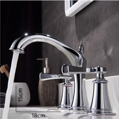 Kran za umivaonik s tri otvora, od bakra, s dvostrukim držanjem i keramičkim diskom ventila, za ugradnju ispod ploče