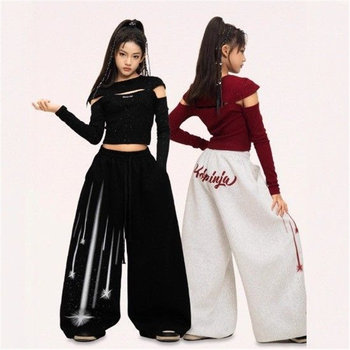 Set de dans jazz pentru fete: top cropped cu mâneci lungi și pantaloni de antrenament pentru reprezentații (pentru vârsta 8+, înălțime 140 cm+, poliester)