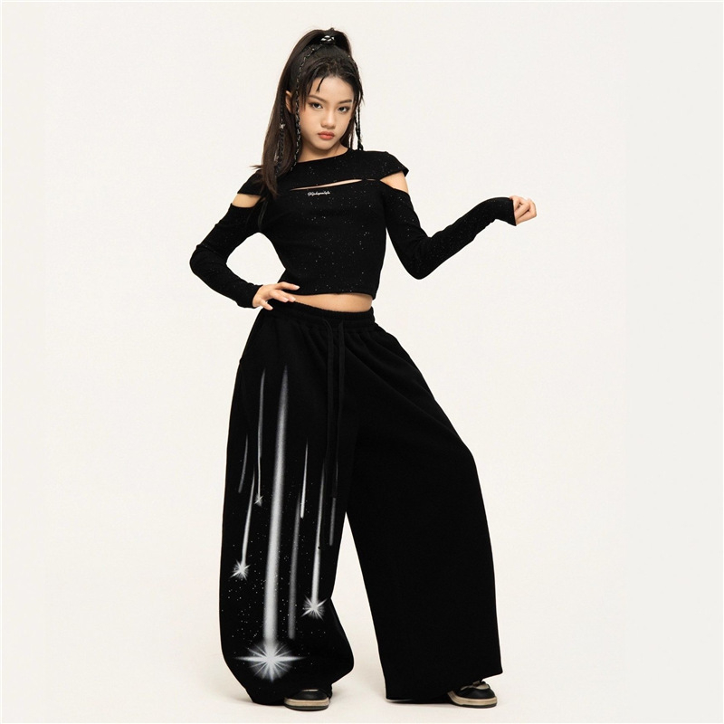 Set de dans jazz pentru fete: top cropped cu mâneci lungi și pantaloni de antrenament pentru reprezentații (pentru vârsta 8+, înălțime 140 cm+, poliester)