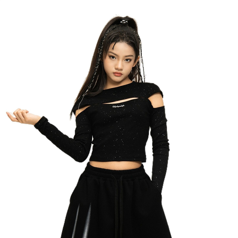 Set de dans jazz pentru fete: top cropped cu mâneci lungi și pantaloni de antrenament pentru reprezentații (pentru vârsta 8+, înălțime 140 cm+, poliester)