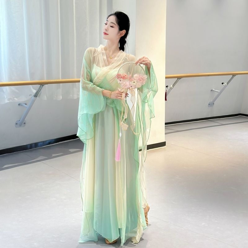 Costum de dans în stil antic cu design gradient, din chiffon și poliester, pentru dans popular