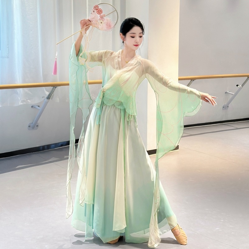 Costum de dans în stil antic cu design gradient, din chiffon și poliester, pentru dans popular