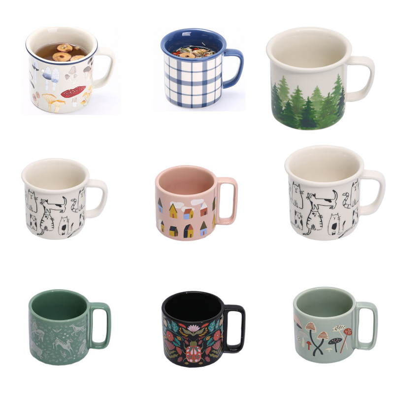 Cană de cafea emailată, cilindrică, cu mâner, imprimare logo, stil modern minimalist, compatibilă cu microunde