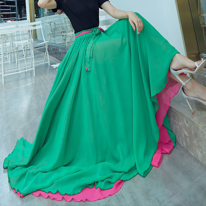 Sea Flower Fustă lungă reversibilă din chiffon pentru dansul pătrat, material vinilon