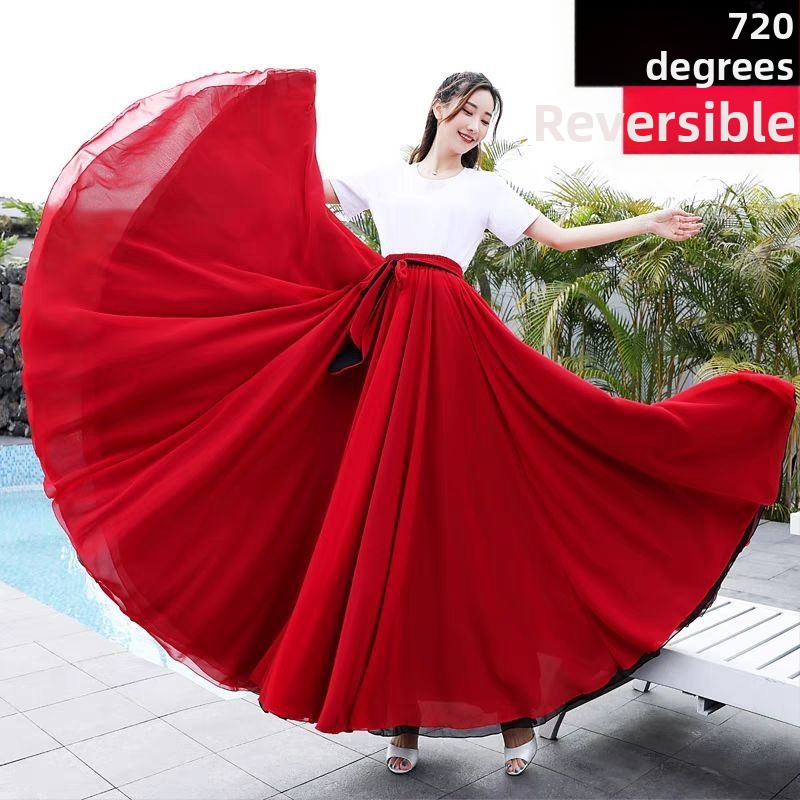 Sea Flower Fustă lungă reversibilă din chiffon pentru dansul pătrat, material vinilon