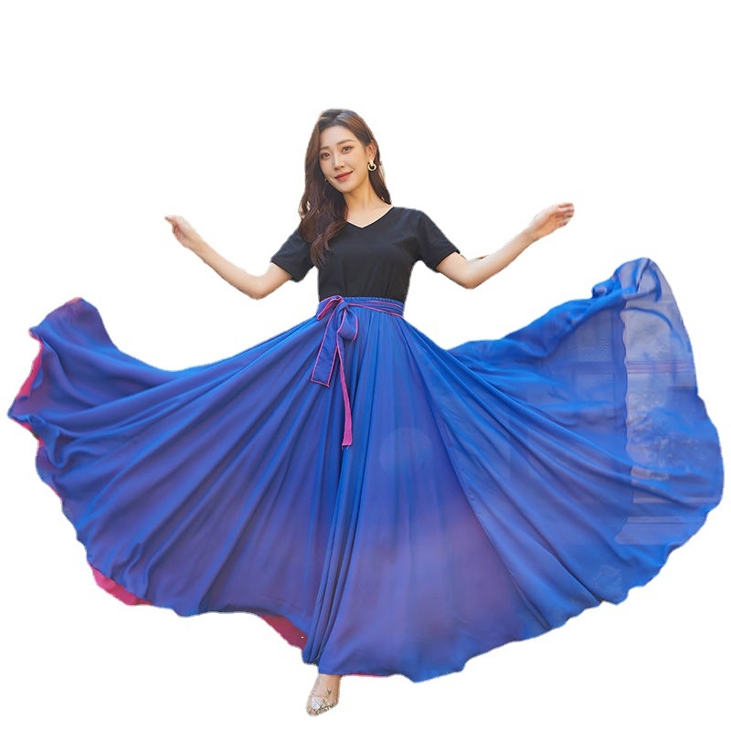 Sea Flower Fustă lungă reversibilă din chiffon pentru dansul pătrat, material vinilon