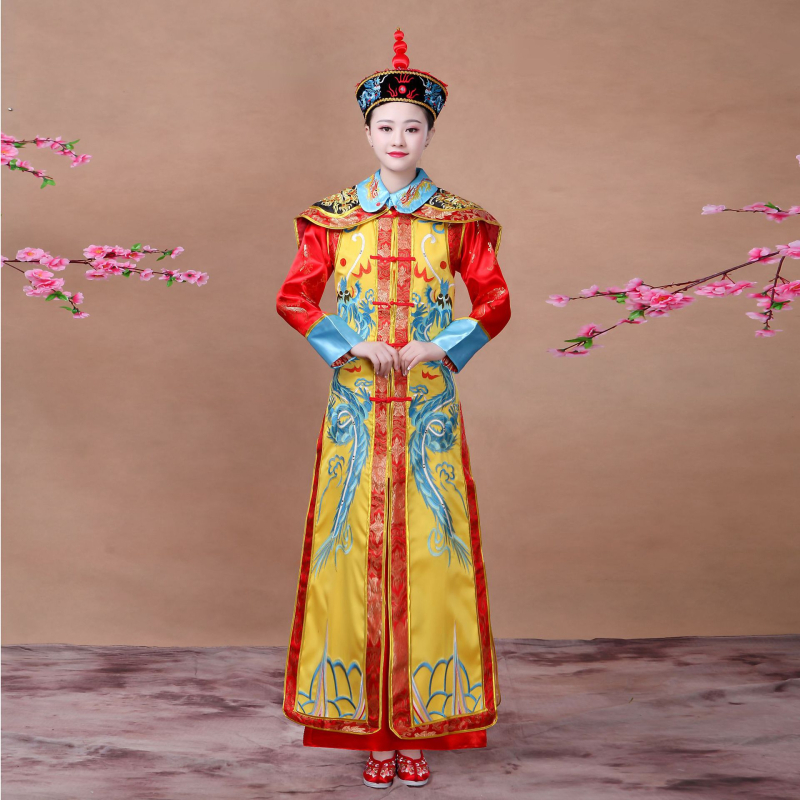 Costum de palat din dinastia Qing pentru scenă – Împărat și Împărăteasă, robe cu dragon și Phoenix, Hanfu unisex pentru scenă, satin poliester, primăvară 2023